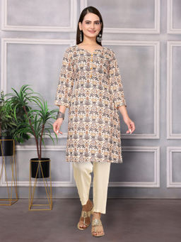 Rangita - Women Rayon Cream Printed Knee Length Straight Kurti with Pant (Set of 2)