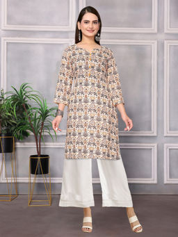 Rangita - Women Rayon Cream Printed Knee Length Straight Kurti with Palazzo (Set of 2)