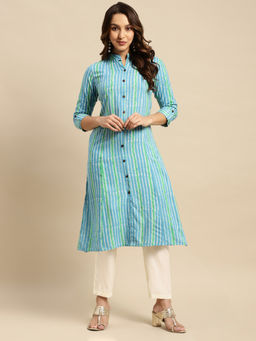 Rangita - Women Rayon Blue Striped Calf Length Front Slit Kurti with Pant (Set of 2)