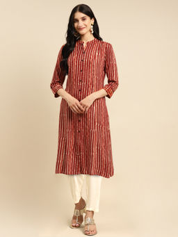 Rangita - Women Rayon Rust Striped Calf Length Front Slit Kurti with Pant (Set of 2)