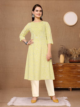 Rangita - Women Rayon Yellow Embroidered Calf Length A-line Kurti with Pant (Set of 2)