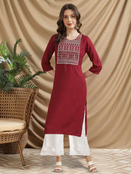 Rangita - Women Rayon Maroon Embroidered Calf Length Straight Kurti with Palazzo (Set of 2)