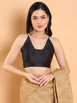 SALWAR STUDIO - Black Solid Mulberry Silk Readymade Blouse