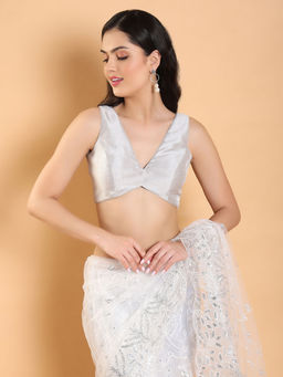 SALWAR STUDIO - Grey Solid Dupion Silk Readymade Blouse