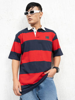 Hubberholme - Men Colourblocked Polo Collar Cotton Oversized T-shirt