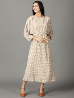 SHOWOFF - Womens Printed Boat Neck Beige Midi Dress