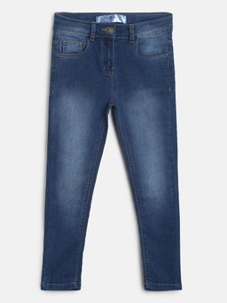 Tales & Stories - Girls Solid Blue Lycra Slim Fit Light Faded Clean Look Jeans