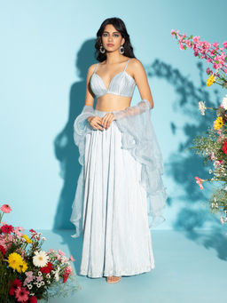 Gajra Gang - Hyper Metallic Blue Pleated Blouse, Lehenga & Dupatta (Set of 3)