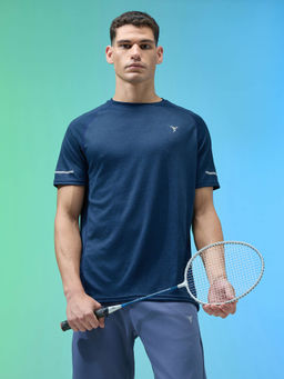 Technosport - Men Navy Blue Melange Slim Fit Round Neck Sports T-Shirt