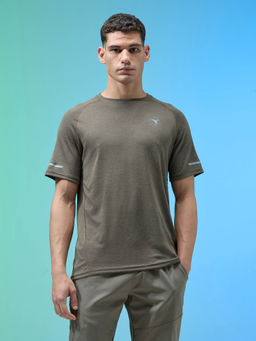 Technosport - Men Olive Melange Slim Fit Round Neck Sports T-Shirt