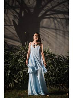 Ridhi Kapoor Label - Blue Aster Georgette High-Low Panel Jumpsuit