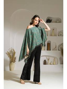 Ridhi Kapoor Label - Green Aasira Printed Lurex Velvet Asymmetric Cape with Pant