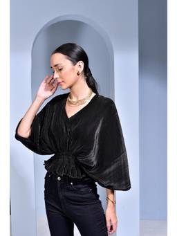 Ridhi Kapoor Label - Black Bellini Pleated Satin Smocked Waist Top