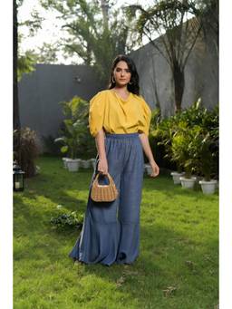 Ridhi Kapoor Label - Yellow Glorina Draped Cowl Top with Wide Leg Pant
