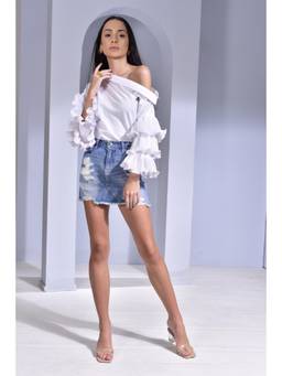Ridhi Kapoor Label - White Hot Toddy Asymmetric Collar Top with Pleated Layered Ruffle Sleeves