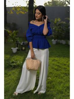 Ridhi Kapoor Label - Blue Jessika Off-Shoulder Smocked Peplum Top with Pant