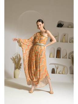 Ridhi Kapoor Label - Orange Khwaab One Shoulder Draped Dress With Belt