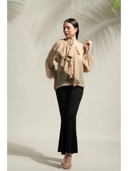 Ridhi Kapoor Label - Beige Madison Asymmetric Ruffled Top with Pant