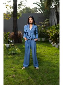Ridhi Kapoor Label - Blue Marina Asymmetric Ruffle Peplum Co-Ord Set
