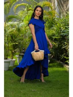 Ridhi Kapoor Label - Blue Sunset Smocked High-Low Ruffle Midi Dress