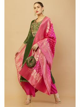 Soch - Green Silk Unstitched Dress Material With Woven Designs - 3 Meter Kurta Fabric
