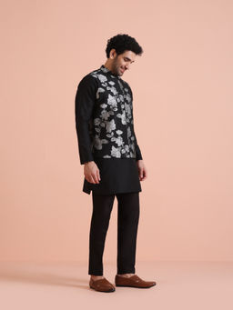 KISAH - Black Jacquard Nehru Jacket Kurta with Jacket and Pant