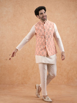 KISAH - Peach Brocade Nehru Jacket with Kurta and Pant