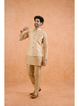 KISAH - Gold Jacquard Silk Blend Beige Kurta with Nehru Jacket and Pant