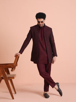 KISAH - Maroon Embellished Double Layer Sherwani with Kurta and Pant