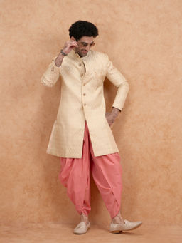 KISAH - Beige Brocade Sherwani with Pink Dhoti