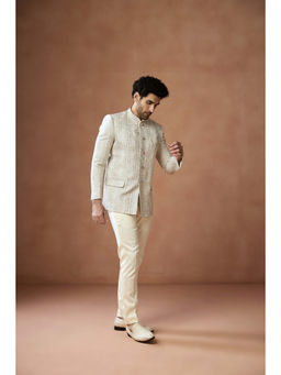 KISAH - Cream Jacquard Silk Bandhgala with Pant