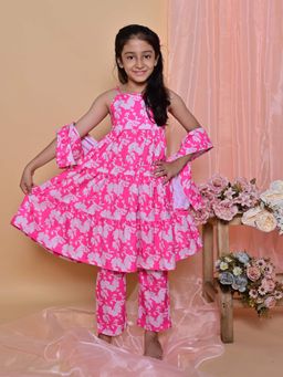 ARTH LIFE - Girls Pink Tiered Anarkali Kurta with Pant and Dupatta