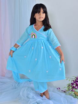 ARTH LIFE - Girls Blue Angrakha Kurta with Pant and Dupatta
