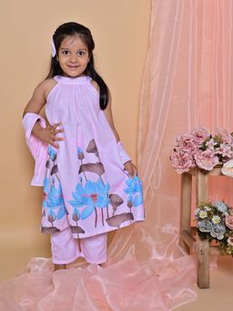 ARTH LIFE - Girls Pink Lotus Floral Printed A-Line Kurta with Pant and Dupatta