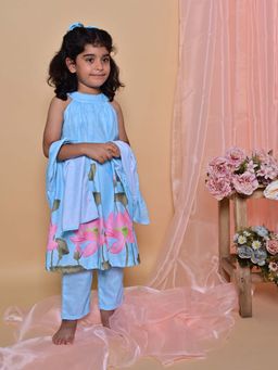 ARTH LIFE - Girls Blue Lotus Floral Printed A-Line Kurta with Pant and Dupatta