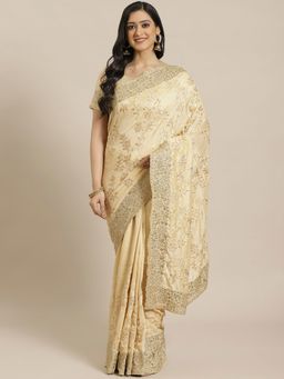 Readiprint - Beige Raw Silk Fabric Saree with Unstitched Blouse