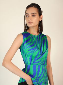 FABLE STREET - Satin Animal Print Sleeveless Round Neck Peplum Top