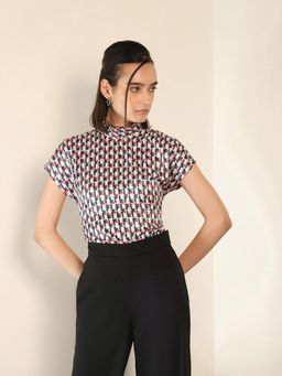 FABLE STREET - Satin Geometric Print High Neck Regular Fit Top