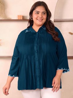Indietoga - Women's Plus Size Blue Rayon Pleated Shirt