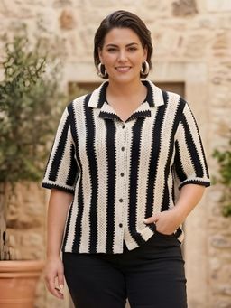 Indietoga - Women Plus Size Black Striped Off White Crochet Shirt