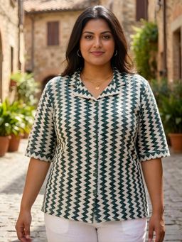 Indietoga - Women Plus Size Zig-Zag Printed Crochet Polycotton Shirt