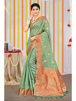 Sangam Prints - Green Organza Woven Zari Work Traditional Tassel Saree with Unstitched Blouse
