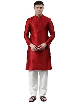 Manthan - Maroon Woven Design Dupion Art Silk Knee Length Kurta