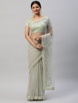 Kasee - Green Embellished Sequinned and Embroidered Saree with Unstitched Blouse