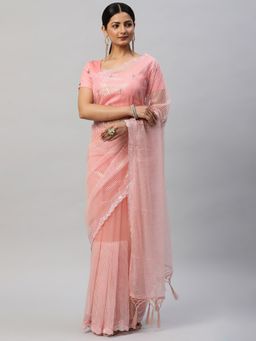 Kasee - Pink Embellished Sequinned Saree with Unstitched Blouse