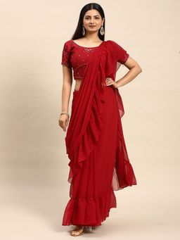 Kasee - Maroon Solid Saree with Unstitched Blouse