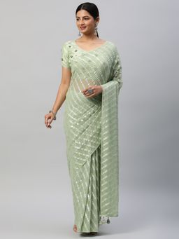 Kasee - Green Zari Striped Saree with Unstitched Blouse