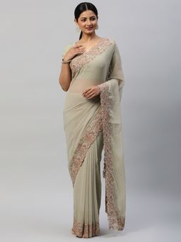 Kasee - Green Embroidered Saree with Unstitched Blouse