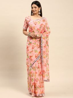 Kasee - Pink Printed Saree with Unstitched Blouse
