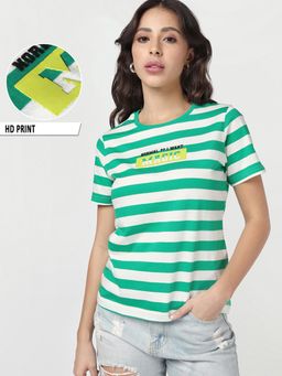 Bewakoof - Green Stripes Pure Cotton Regular T-Shirt